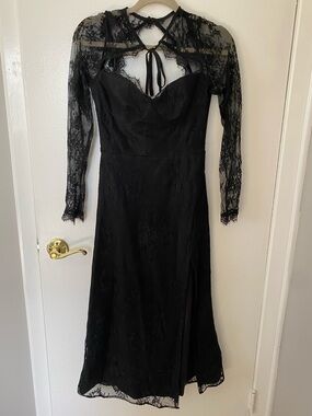 Lulu's Black Lace Long-Sleeve Midi Dress with Sheer Yoke